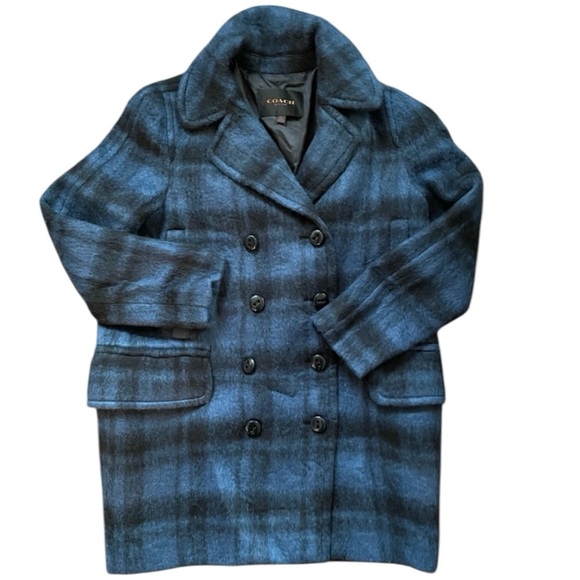 COACH blue & black plaid winter peacoat, size L - Picture 1 of 14